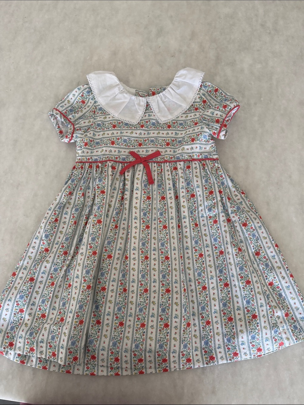 Girls' Floral Stripe Dress with Peter Pan Collar - White & Red